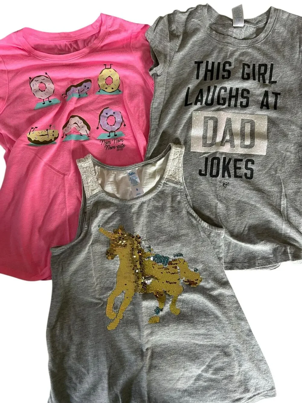 Justice pink donut shirt grey dad jokes grey flip sequin tank size 8